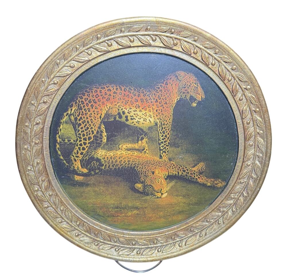 Hollywood Regency Faux Gilt Leaf Leopard Plaque Round Gold Cheetah Wall Decor